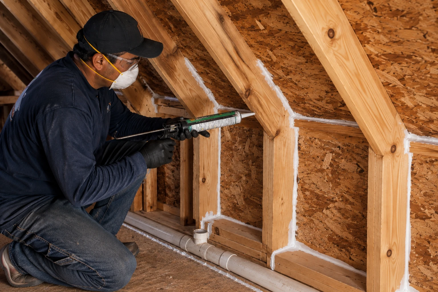 A worker wearing protective gear applies sealant with a caulking gun along the joints of wooden attic framing.