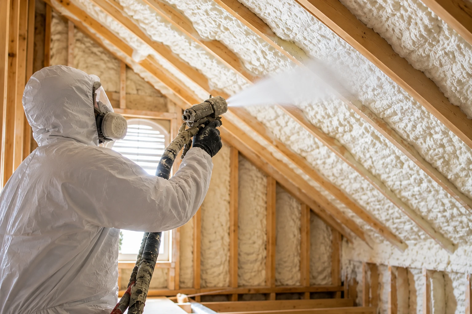 A worker in protective clothing sprays foam insulation onto the rafters of an unfinished attic.