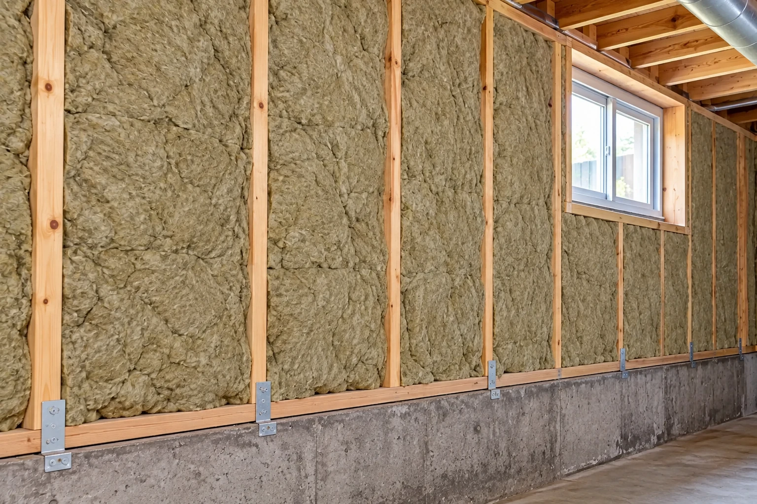 Basement wall framed with studs and filled with gray-brown batt insulation beneath a window.