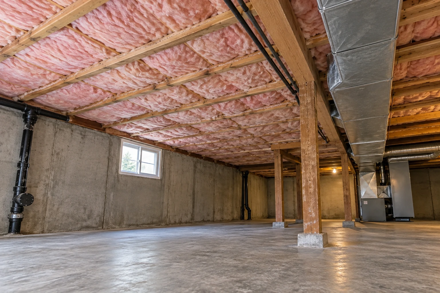 Pink fiberglass insulation fills the basement ceiling joists above a concrete floor, with ductwork and support posts nearby.