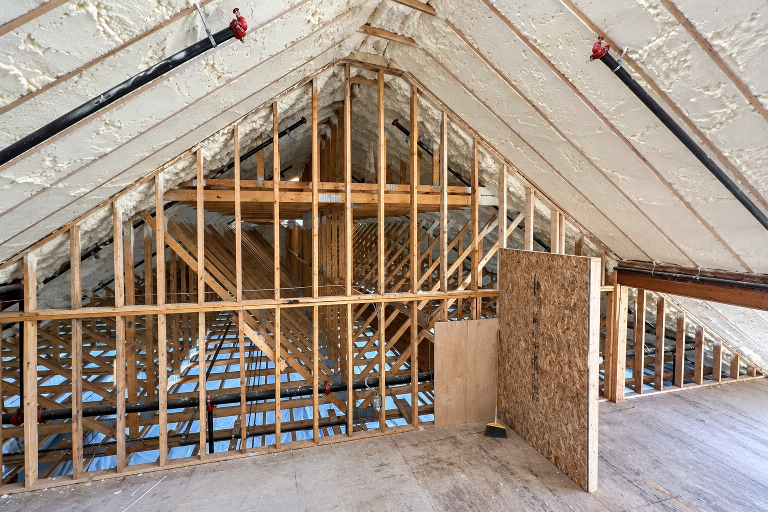 Attic rafters covered with white closed-cell spray foam, with exposed timber framing and pipes.