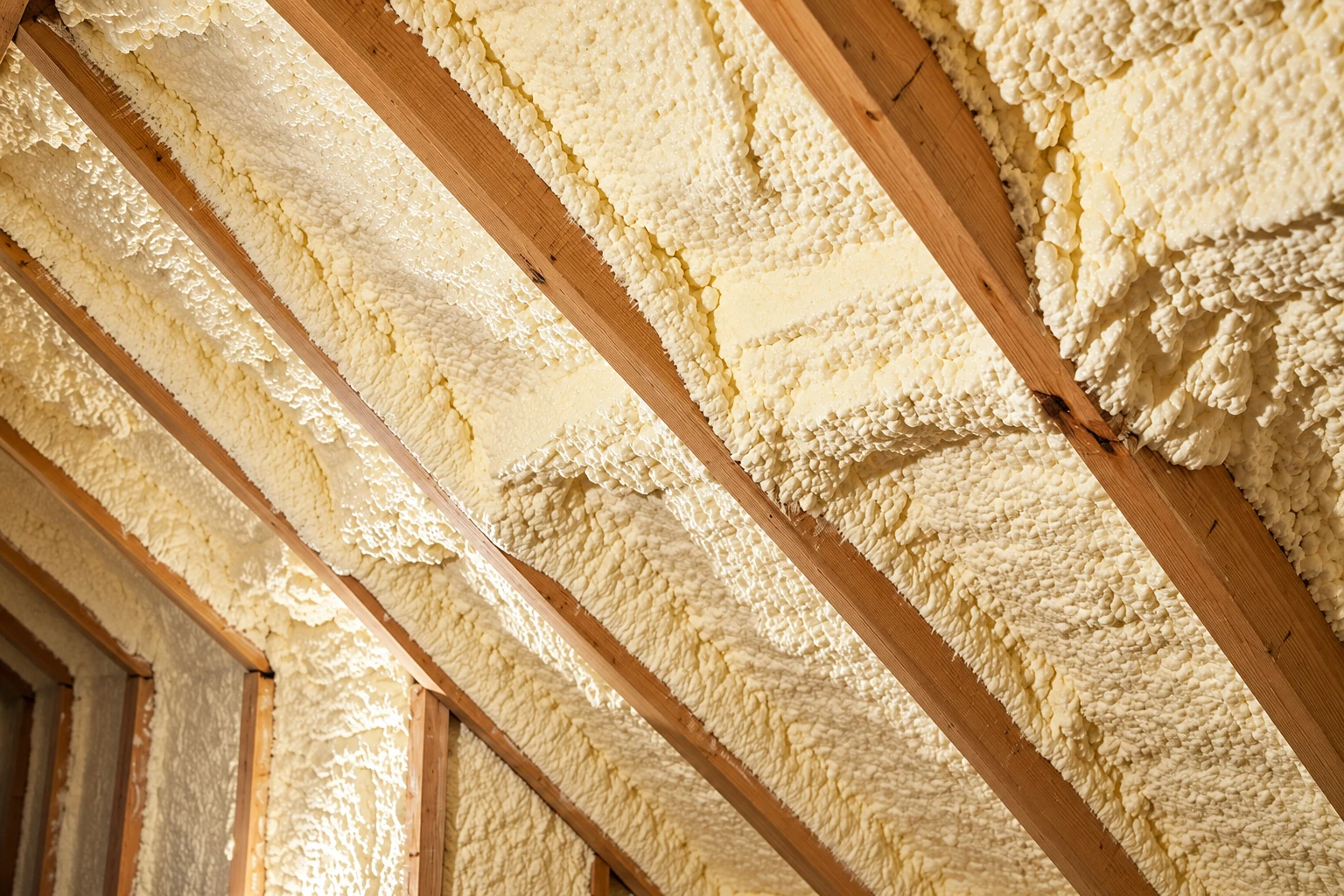 Cream-colored spray foam covers the underside of a sloped roof between exposed wooden rafters.
