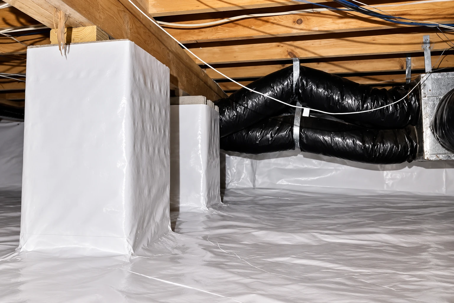 Crawl space with white vapor barrier covering the floor and supports, beneath wooden joists and black flexible ductwork.