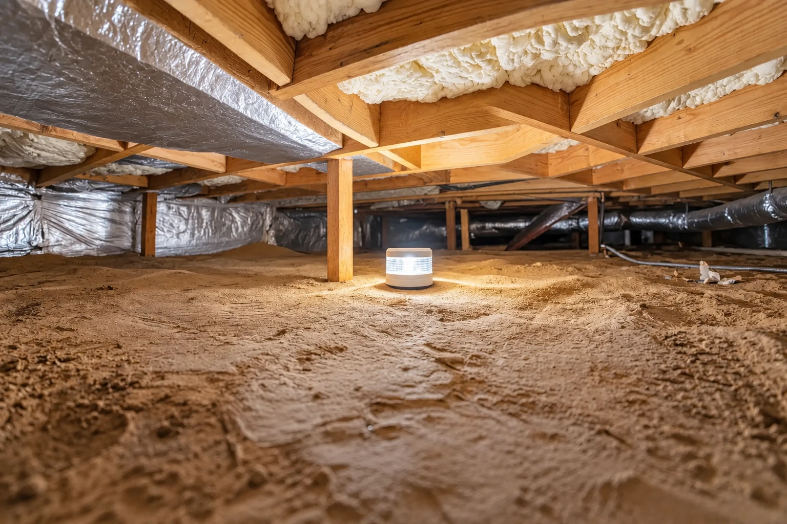 A low crawl space has exposed joists with foam insulation, foil-wrapped ducts, and a small device on the dirt floor.