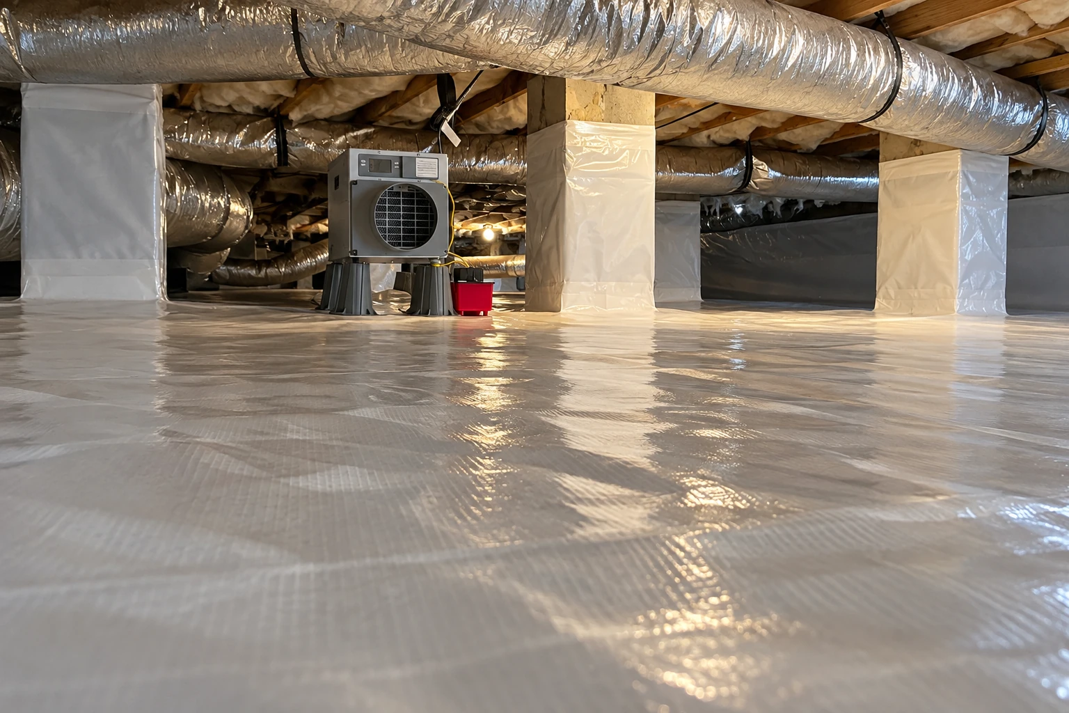 A crawl space has a shiny plastic vapor barrier covering the floor, with wrapped supports and ventilation ducts overhead.