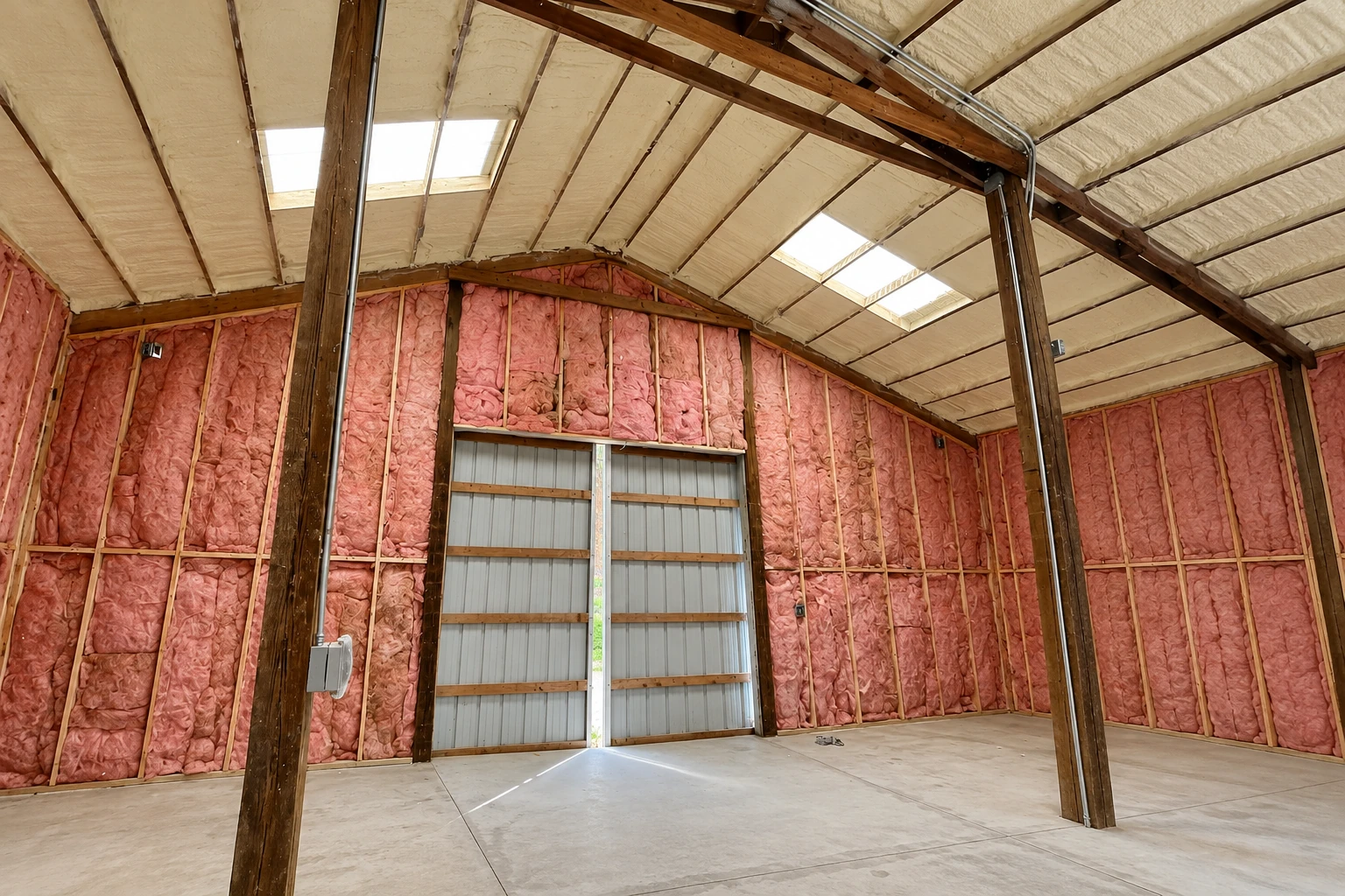 An unfinished room has pink batt insulation in the walls and cream-colored insulation along the sloped ceiling.