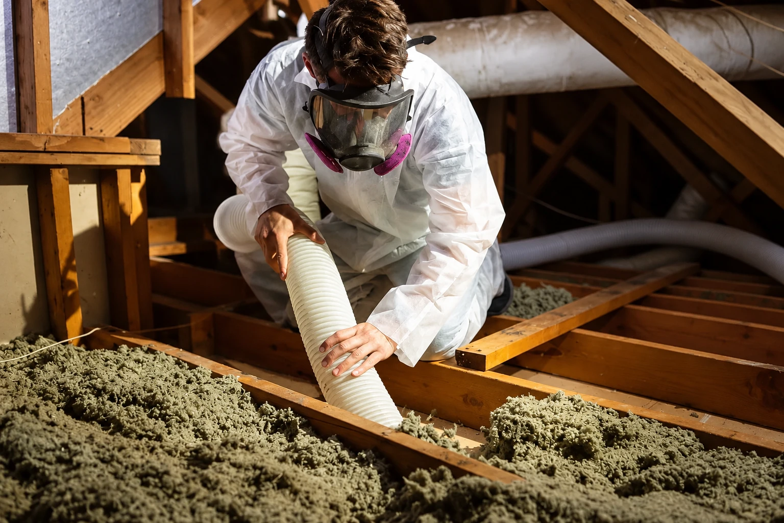 Worker in protective gear uses a large hose to remove loose insulation from attic floor joists.