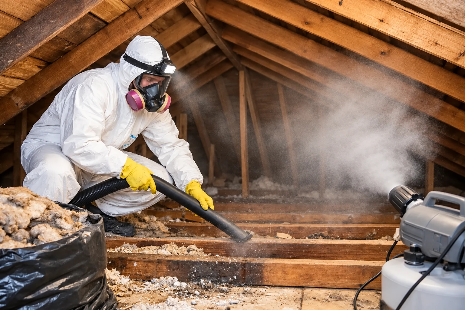 A worker in protective gear vacuums loose attic insulation through a hose as dust rises around the rafters.