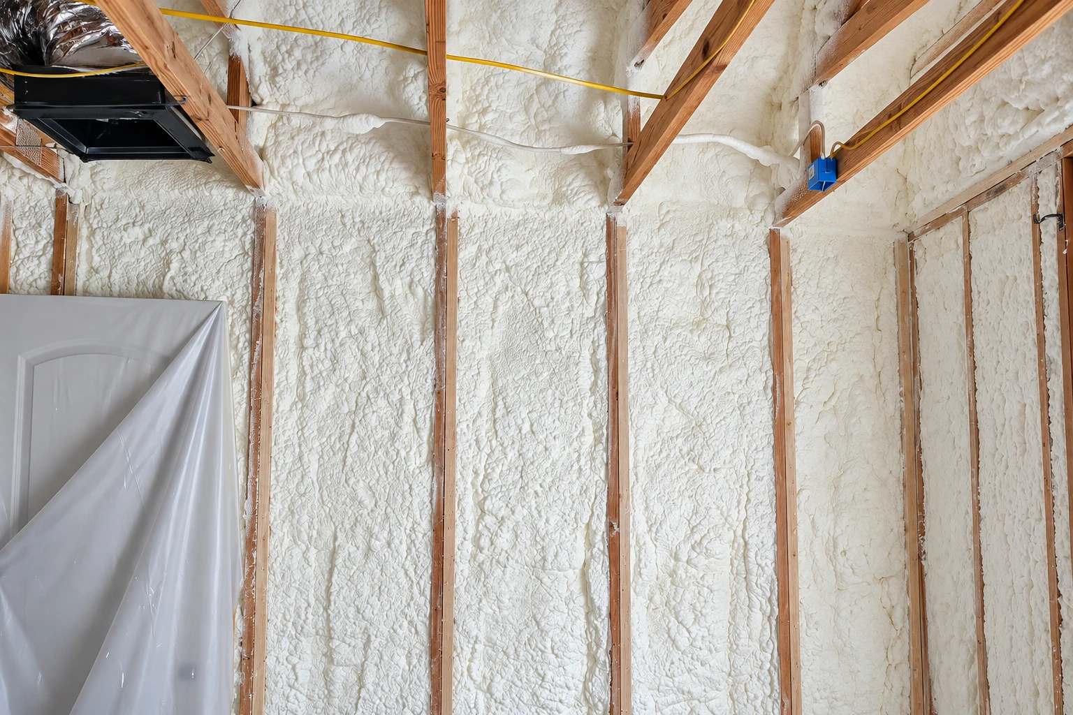 Open-cell foam coats the walls and rafters of a framed room, with wiring and a covered fixture visible.