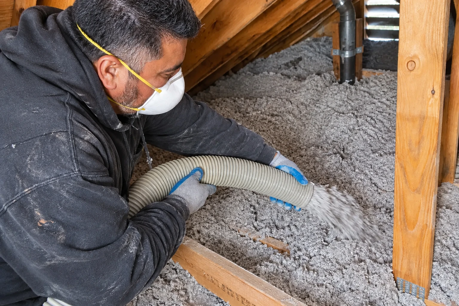 A masked worker uses a hose to blow gray insulation into an attic floor between wooden joists.