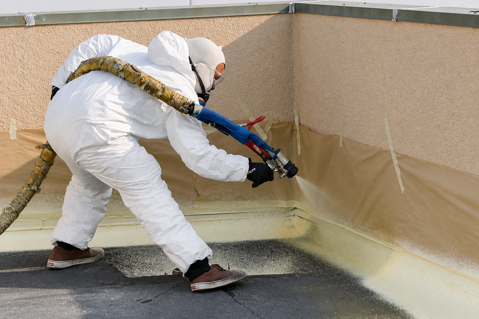 Worker in protective suit sprays foam insulation along the inside wall and floor of a flat roof.