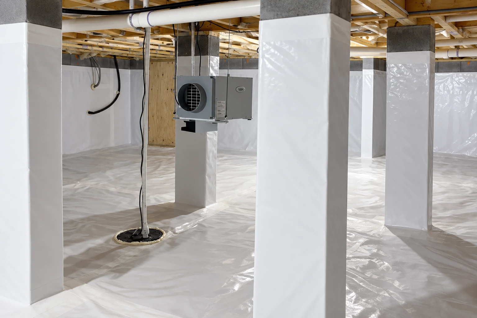 A basement crawl space is lined with white vapor barrier across the floor and around support columns.