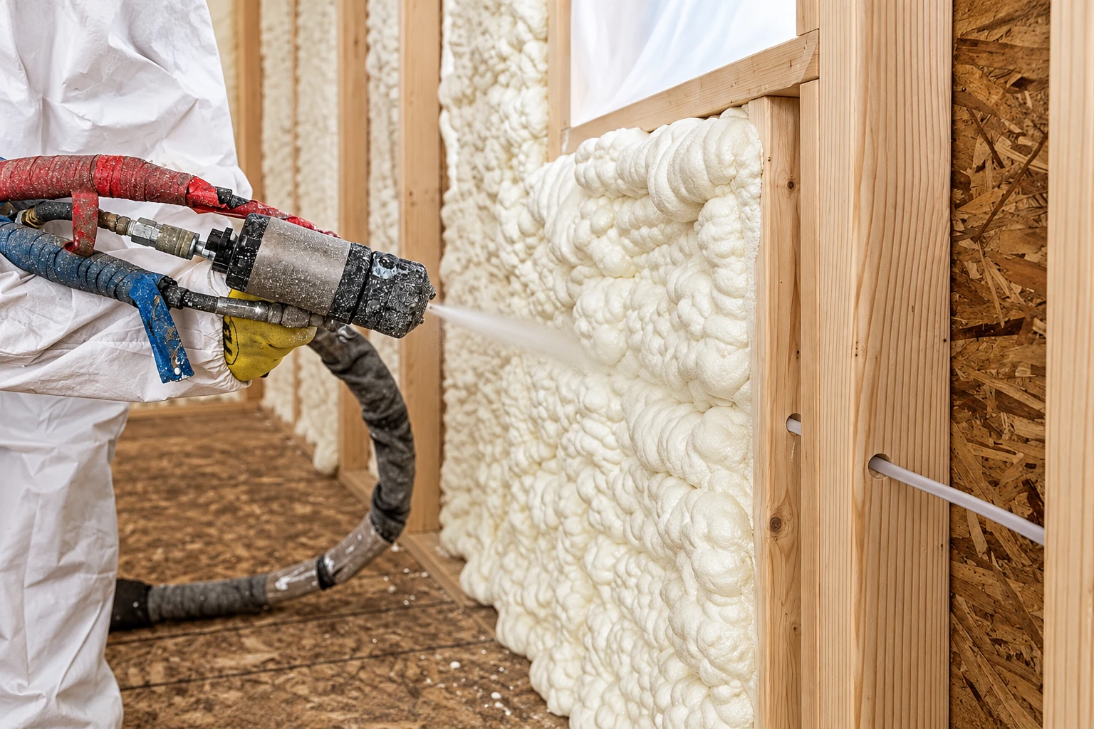 Spray foam insulation being applied between wooden wall studs with a hose and spray gun.