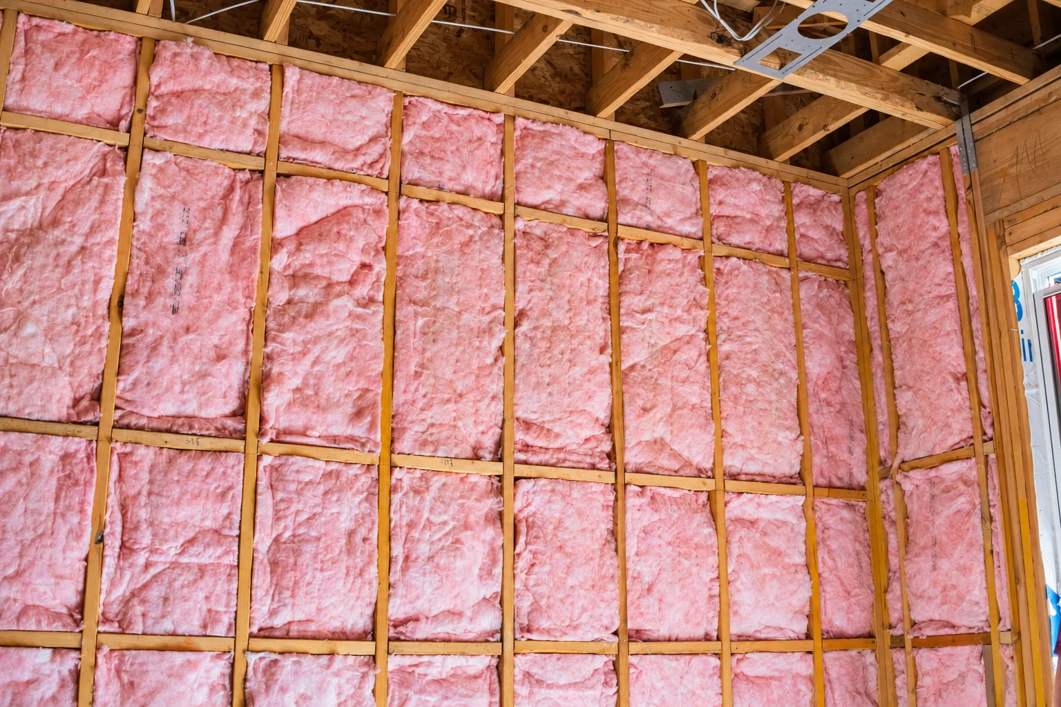 Pink fiberglass batts fill the wooden framing of an unfinished wall beneath exposed roof trusses.